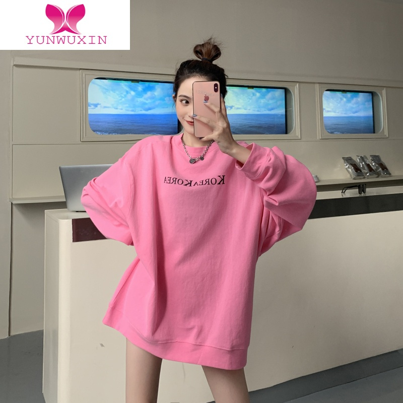 YUNWUXIN湖蓝色卫衣女宽松bf慵懒风秋季2022新款中长款款无帽外套上衣