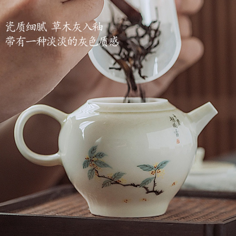美帮汇宋风手绘桂花景德镇茶壶工笔画功夫茶具粉彩木灰釉球孔泡茶壶高清大图