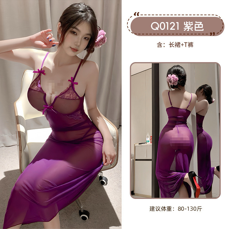 九里晴川蕾丝深V连衣裙性感纯欲风蝴蝶结吊带深V蕾丝透肤露背睡裙 九里晴川Q0121【蕾丝深V连衣裙-紫】 均码