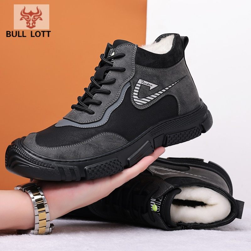 公牛乐途2021新款冬季男士棉鞋加绒保暖真皮羊毛休闲高帮鞋皮毛一体棉