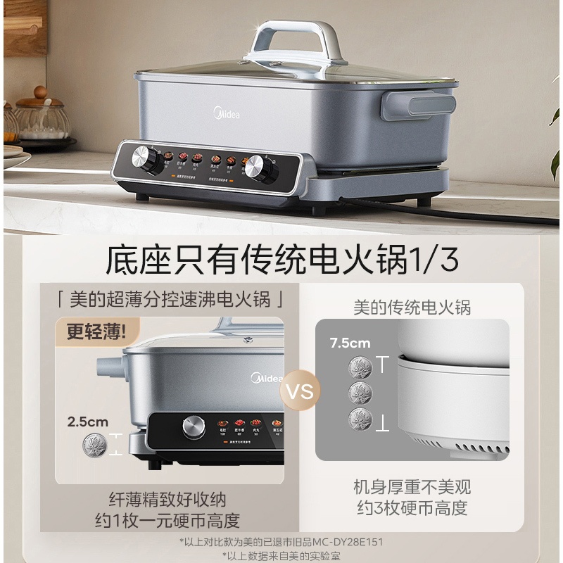 美的(Midea)超薄速沸电火锅 鸳鸯锅 火锅专用锅5分钟分区速沸分体式多功能锅电煮锅火锅锅HGS332288