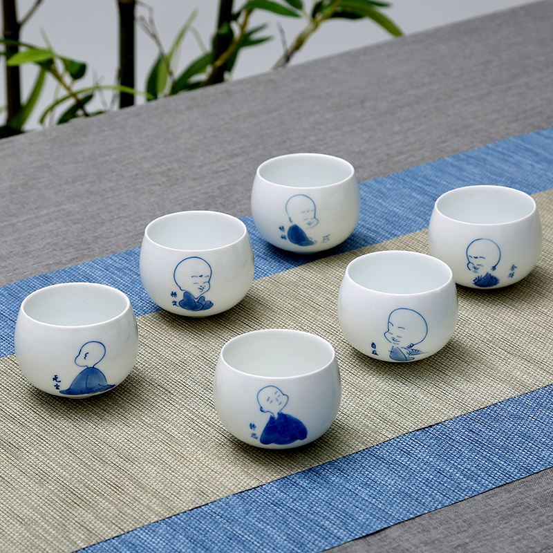 常生源 功夫茶杯 陶瓷品茗杯 手绘茶具套装 单杯主人杯6款图案各一个 禅心(小和尚)茶杯6只装