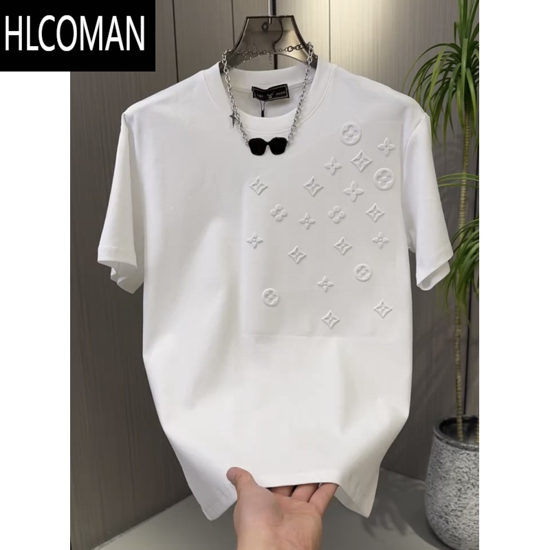 HLCOMAN夏季欧货轻奢男士潮流潮牌高端钢印短袖痞帅休闲百搭圆领T恤 白色 M