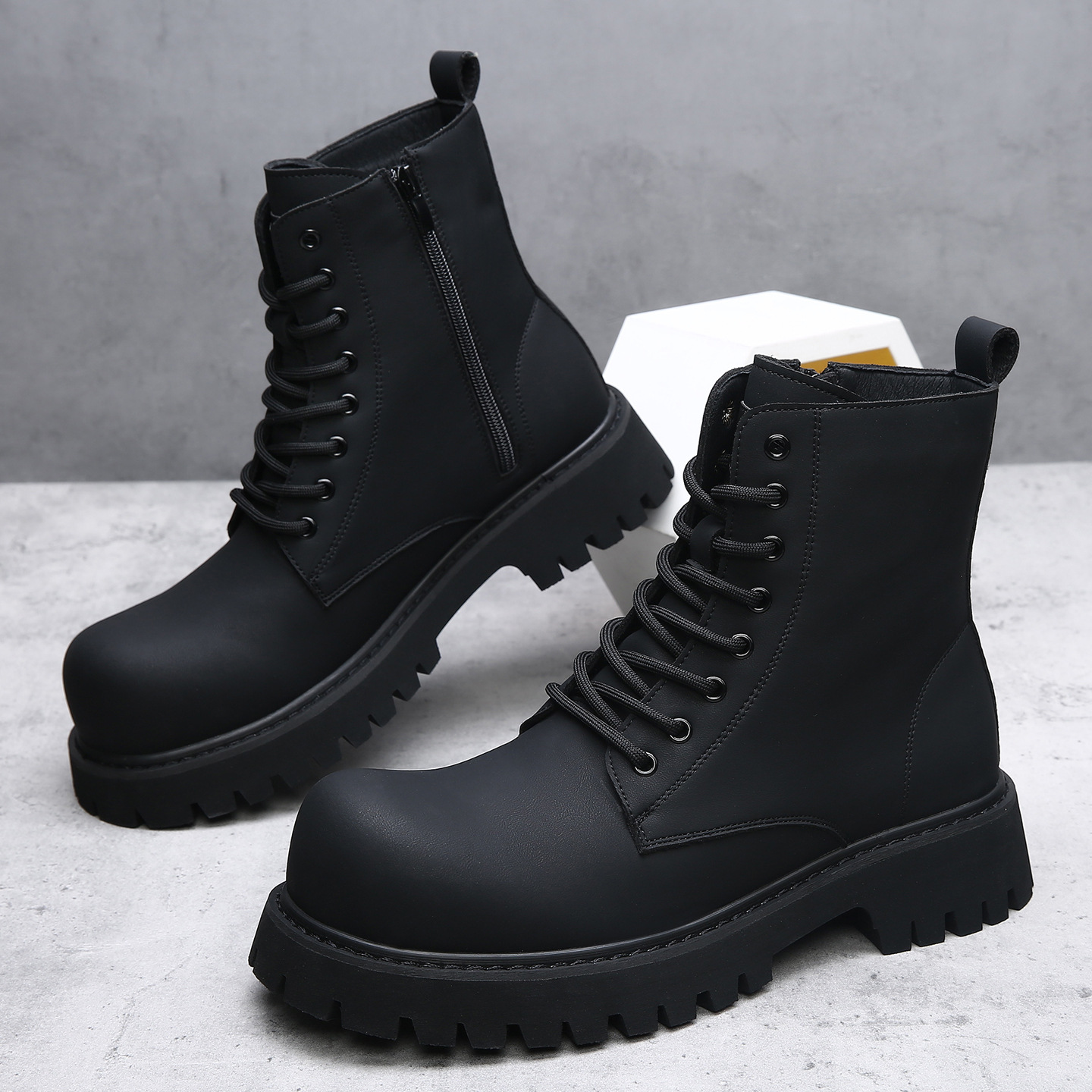 2025冬季新款长筒马丁靴男英伦暗黑高帮机车靴子厚底增高加绒皮靴高清大图