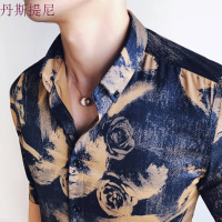 潮男紧身7分七分袖衬衫衣服男士型师理上衣服装夜场男模衬褂