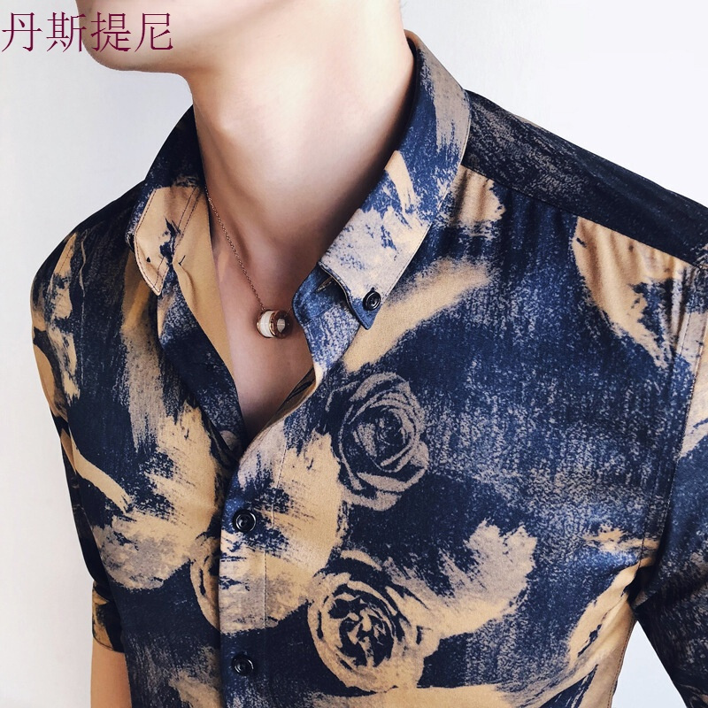 潮男紧身7分七分袖衬衫衣服男士型师理上衣服装夜场男模衬褂