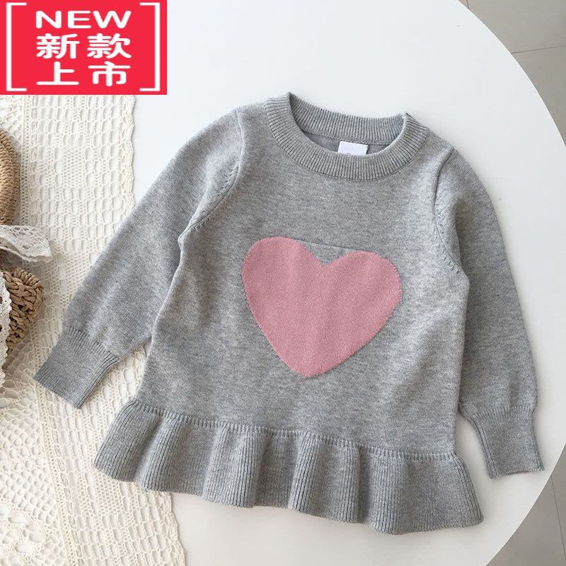 可莉允秋冬婴儿女童中长款毛衣套头宝宝爱心荷叶边下摆针织裙式上衣图片