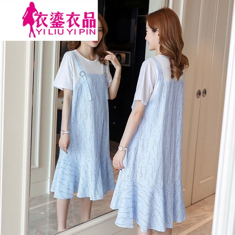 迪鲁奥(DILUAO)孕妇装2021夏韩版两件套孕妇连衣裙韩版时尚拼接纯棉小碎花孕妇裙大码上衣图片