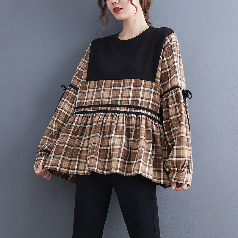 假两件衬衣女秋季胖mm大码女装格子拼接减龄娃娃衫上衣