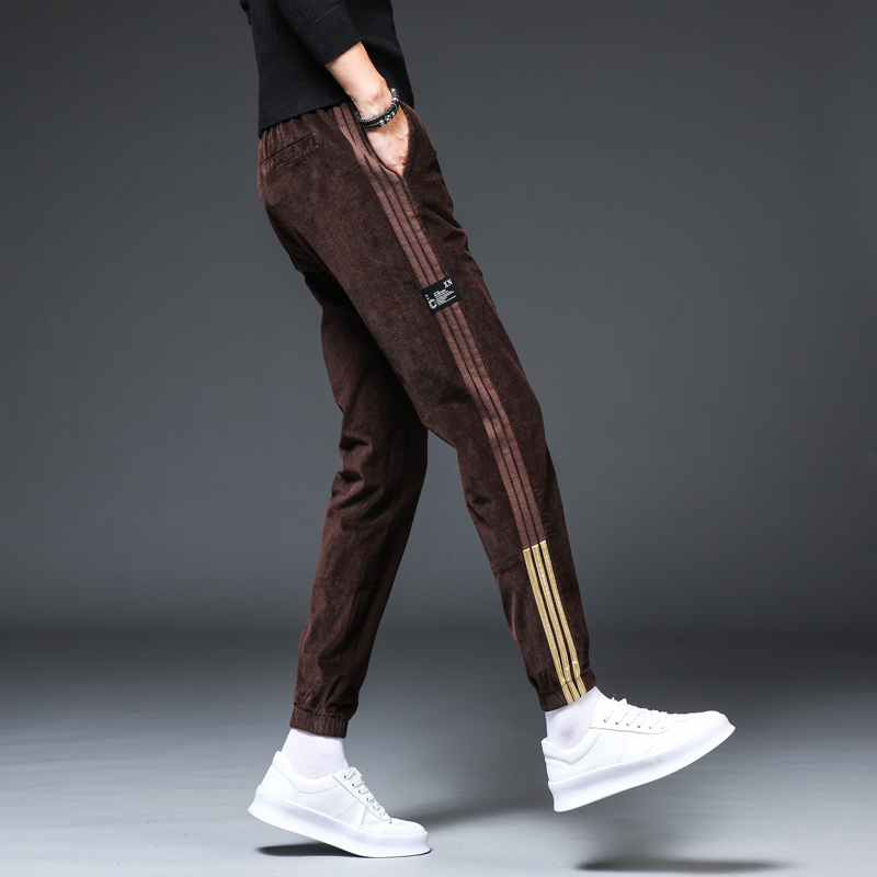 yuansu秋冬加绒灯芯绒男裤运动裤三条杠束脚休闲长裤修身裤子男士条绒
