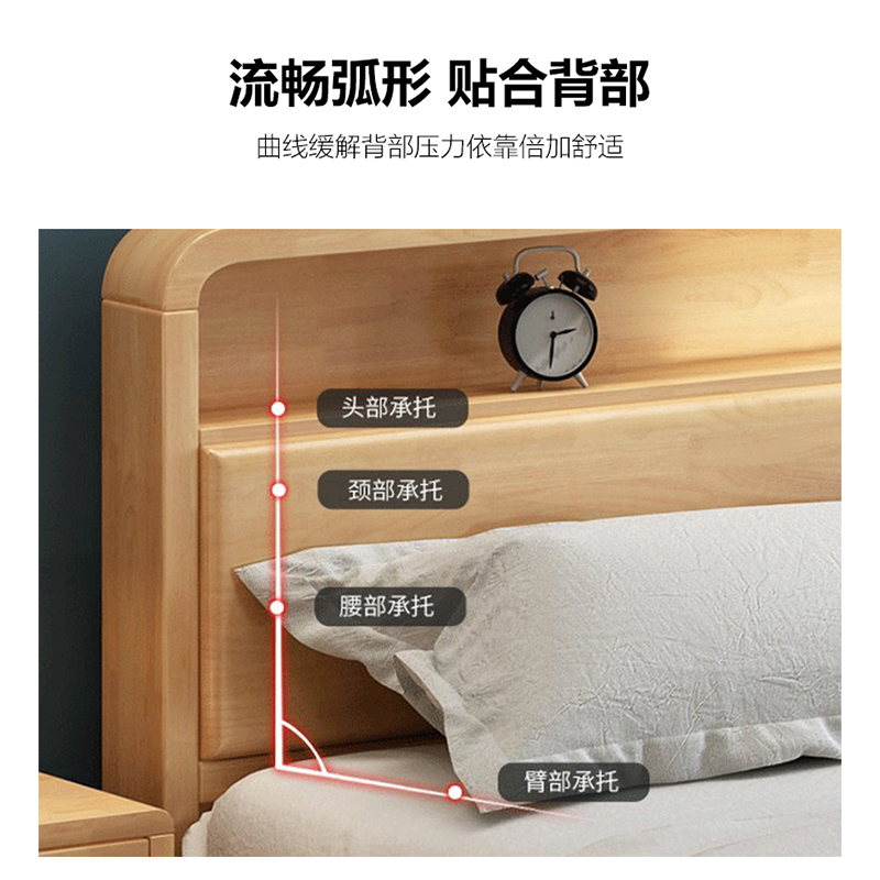 质凡北欧实木床简约带夜灯框架款ZF-SMC003/1520*2200*1000mm/张高清大图