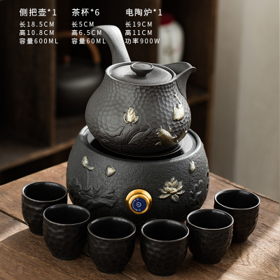 煮茶器陶瓷煮茶壶全自动电陶炉煮茶炉妖怪白茶黑茶烧水壶茶具套装 荷花金电陶炉小+粗陶侧把壶+6杯