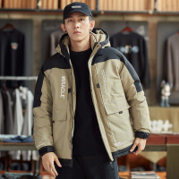 唐狮冬季新款连帽羽绒服拼色工装刺绣字母短款羽绒服男潮保暖