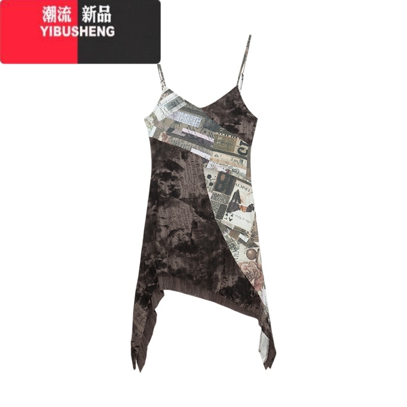 YIBUSHENG性感辣妹吊带连衣裙女装季修身收腰a字包臀短裙不规则拼接裙子