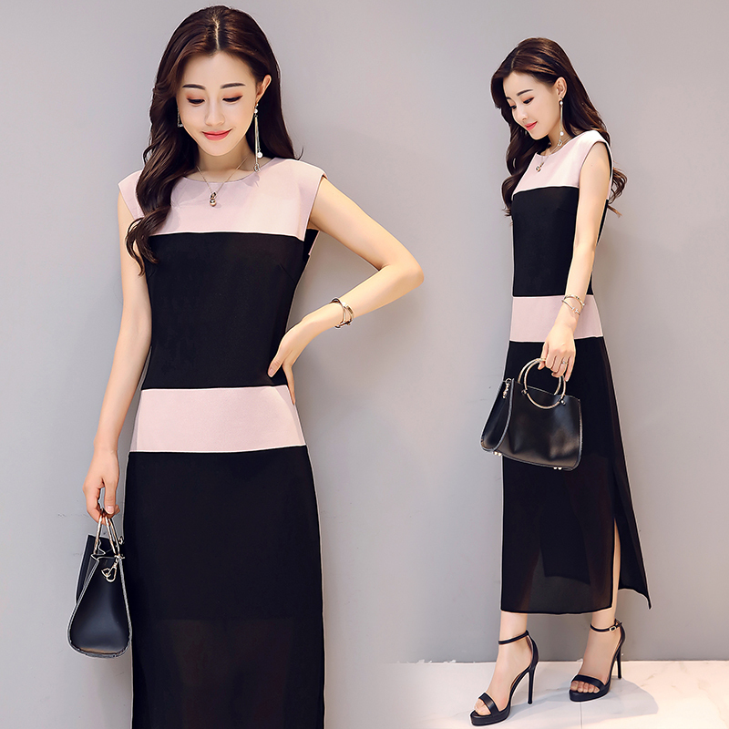 女士夏款新品韩版无袖连衣裙女修身显瘦气质小清新时髦开叉长裙子