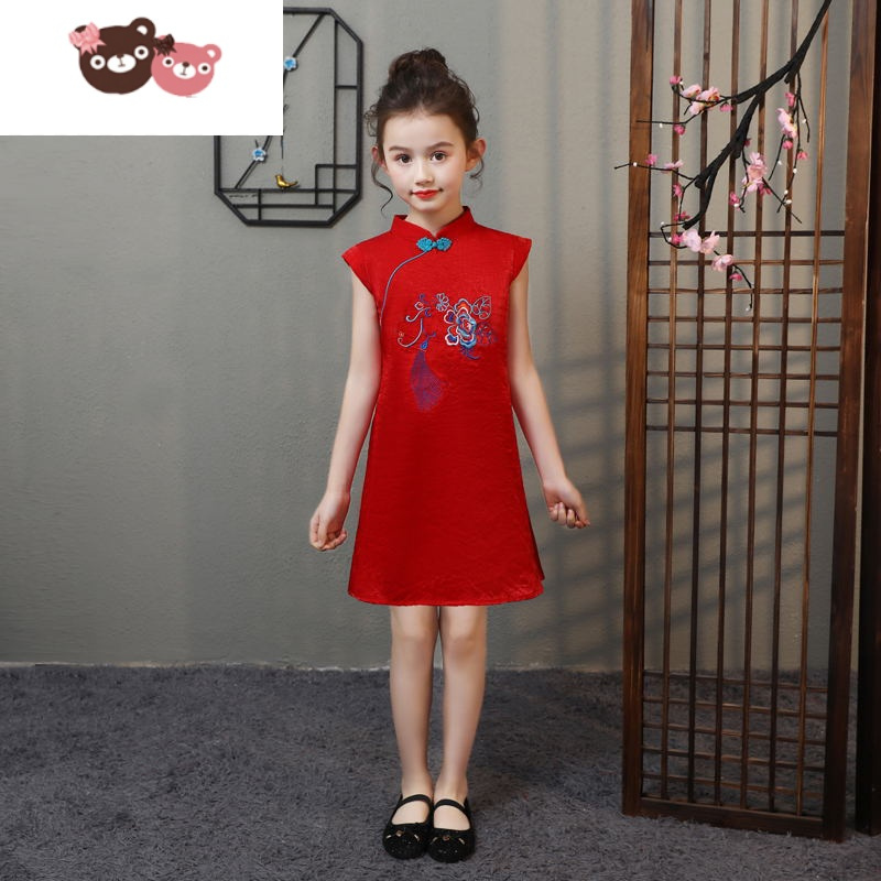 绿彩虹光儿童旗袍春夏小女孩红色连衣裙洋气女童中国风公主改良薄款