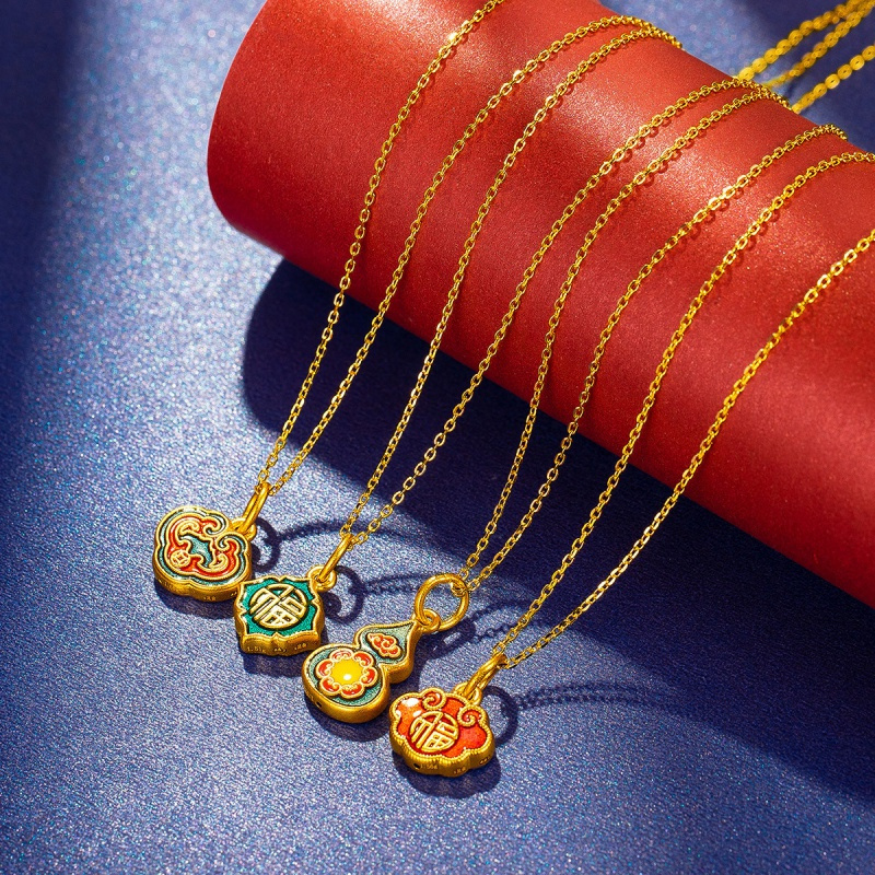 老庙黄金足金黄金吊坠珐琅如意长命锁挂坠定价硬金
