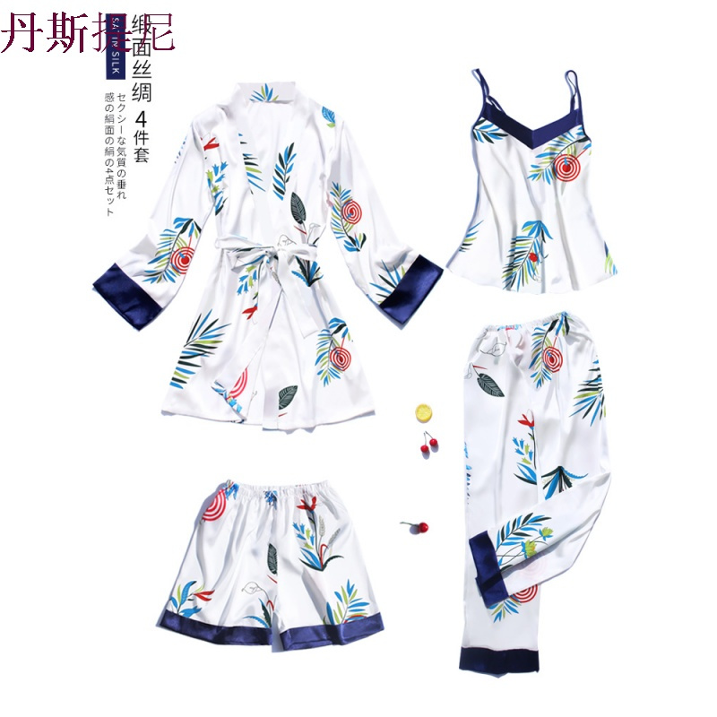 新款睡衣女秋冬季性感丝绸长袖长裤短裤带四件套睡衣夏睡裙套装