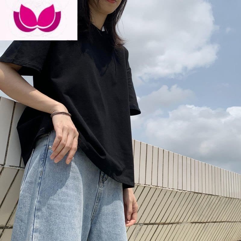 七斓黑色纯色t恤女短袖半袖韩版大码2021夏季宽松白体恤ins打底衫图片