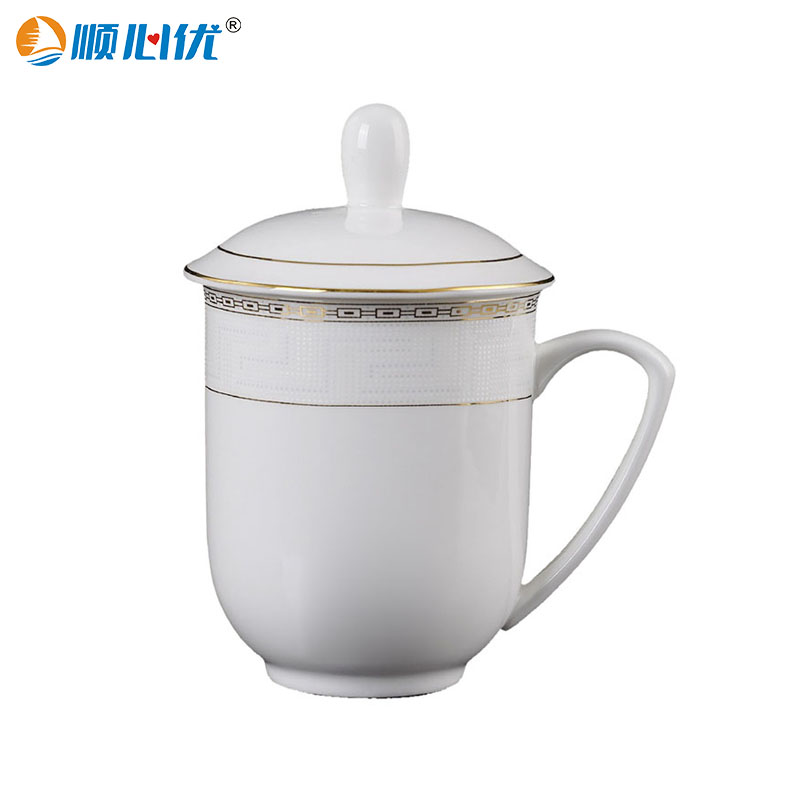 顺心优 陶瓷骨瓷带手柄办公茶杯暗纹金边茶杯 350ml/个