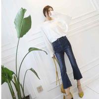 2021喇叭牛仔裤女七分高腰七分裤微喇裤显瘦春秋学生毛边韩版裤子 蓝色 25