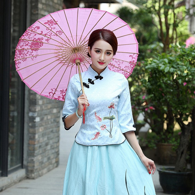 民国风女装唐装改良旗袍上衣中国风古装服装复古盘扣棉麻茶服套装浅蓝上衣+浅蓝手绘画大摆裙一套3005