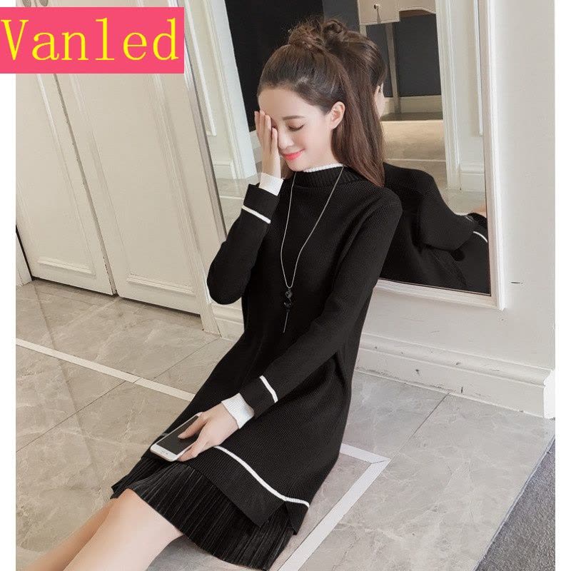 2017新款长袖修身中长款毛衣加厚百褶内搭打底裙针织连衣裙秋冬女图片