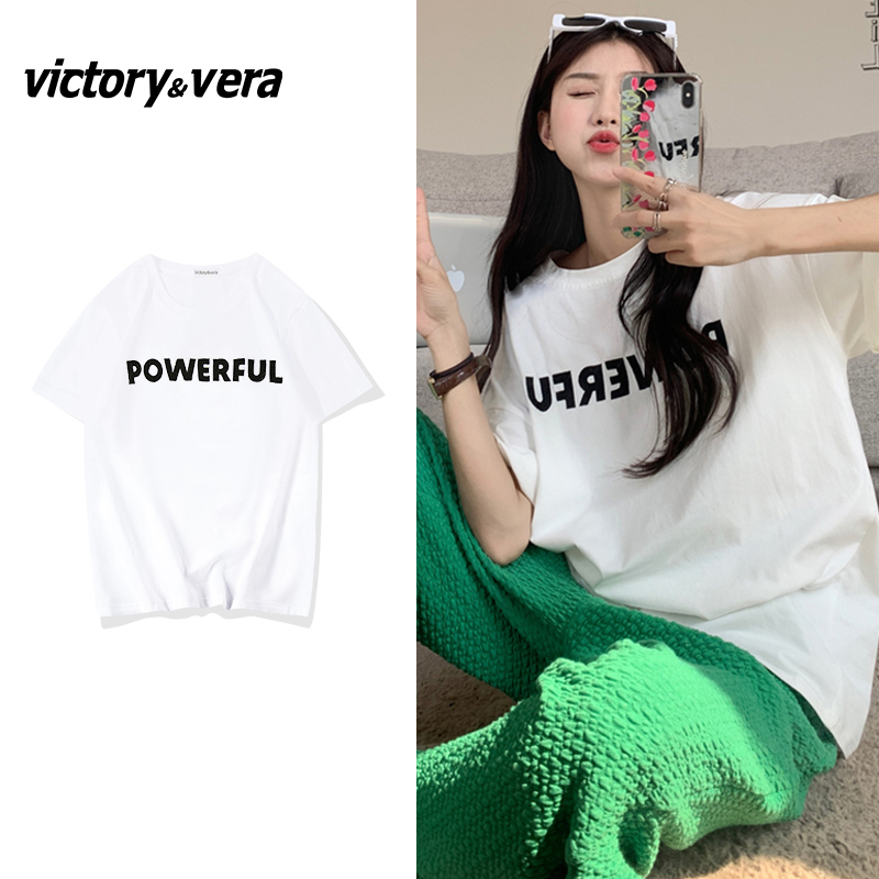 Victory&vere白色短袖T恤女设计感小众夏季2022韩版美式纯棉上衣