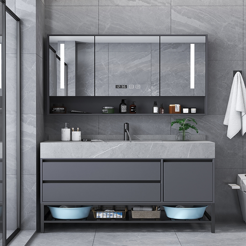 轻奢岩板一体浴室柜组合洛滑落地式洗脸洗手池洗漱台盆卫生间现代简约