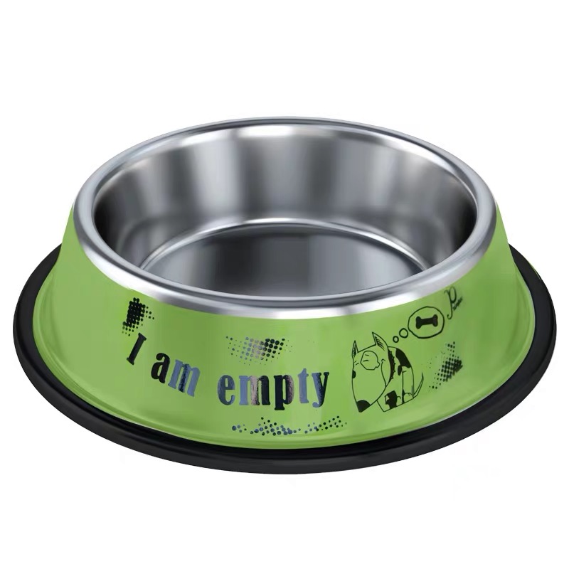 不锈钢狗碗泰迪狗盆防打翻猫碗宠物狗食盆大号大型犬饭盆狗狗用品 彩绘绿色边框 XL-碗口直径22cm