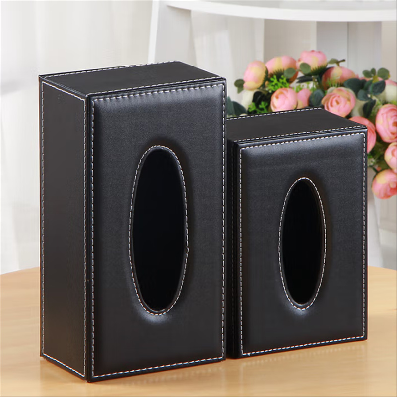 芮丽雅皮质纸巾盒 办公室客厅卧室桌面抽纸盒 黑皮革18cm