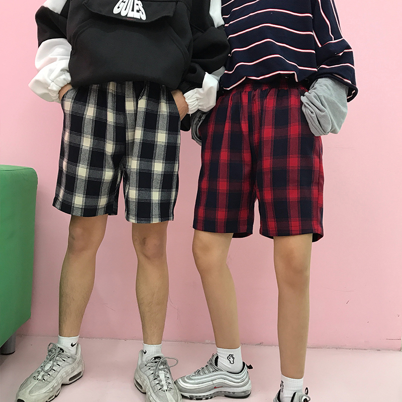 2018夏装情侣装短裤休闲裤大码格子裤五分裤男女夏天潮牌裤子BF风