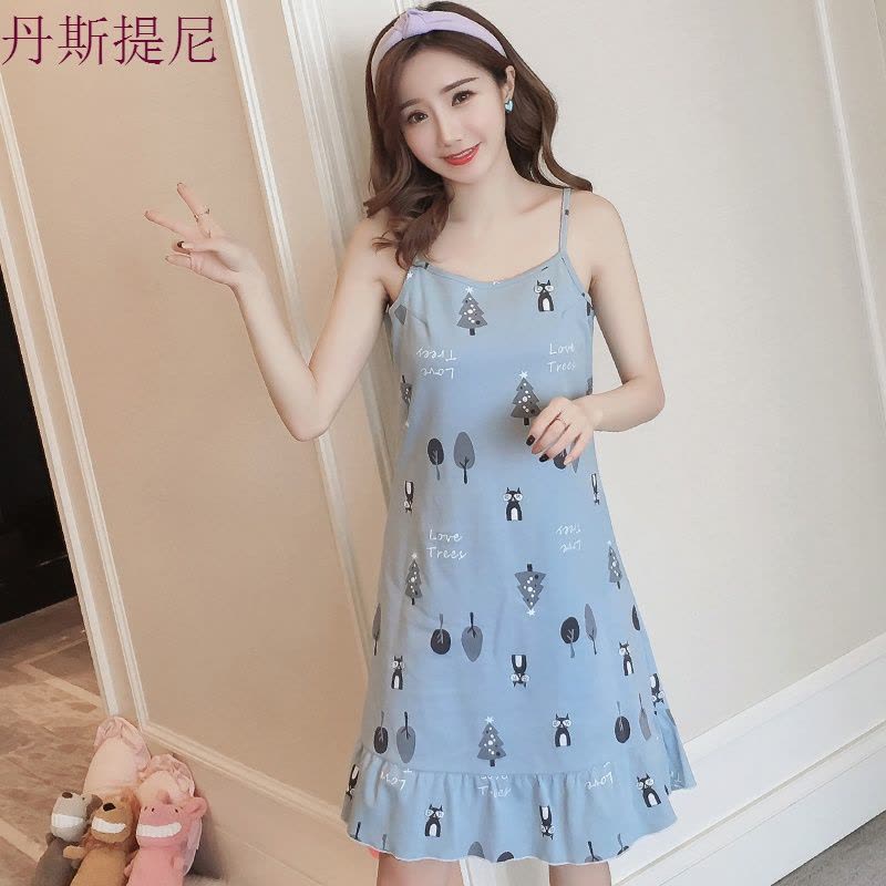 2018新款带睡裙女夏纯棉少女睡衣秋夏无袖中款裙韩版可爱家居服图片