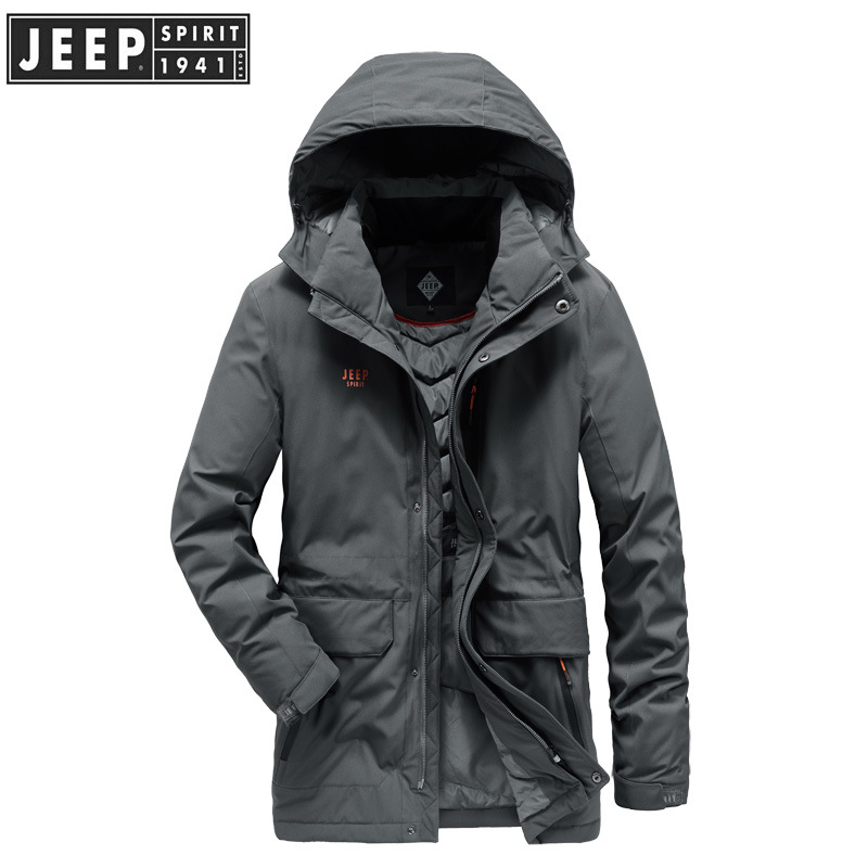 JEEPSPIRIT户外男中长款连帽商务时尚休闲羽绒服白鸭绒外套_442 XXXL 灰色
