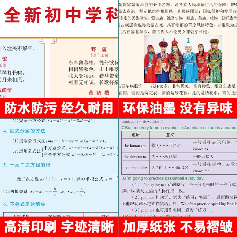 化学[挂图3张] 初中通用 [正版]小四门必背知识点挂图 初中知识点考点汇总挂图语文数学英语物理化学政治历史全套地理生物