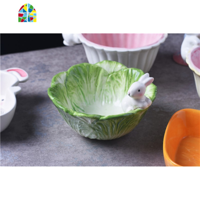 儿童餐具吃饭碗创意陶瓷碗可爱家用沙拉碗个性水果碗白菜兔子碗 FENGHOU 粉色白菜碗(带兔子)