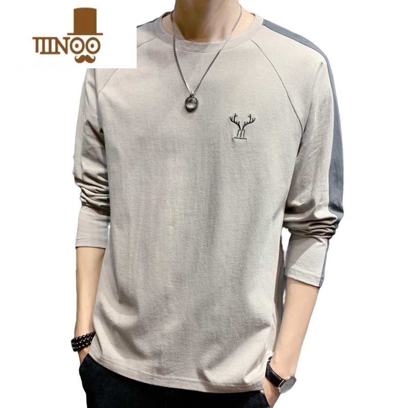 YANXUt恤男长袖潮牌春装打底衫男生简单款秋衣刺绣圆领体恤T高清大图