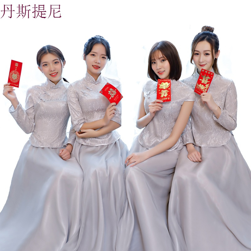 伴娘服中式复古姐妹团旗袍裙2018新款灰色长款晚礼服女毕业典礼装
