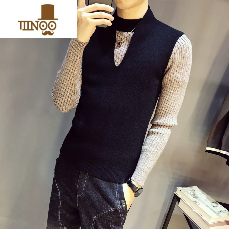 YANXU男装修身半高领毛衣男假韩版潮流针织衫帅气外穿线衣男高清大图