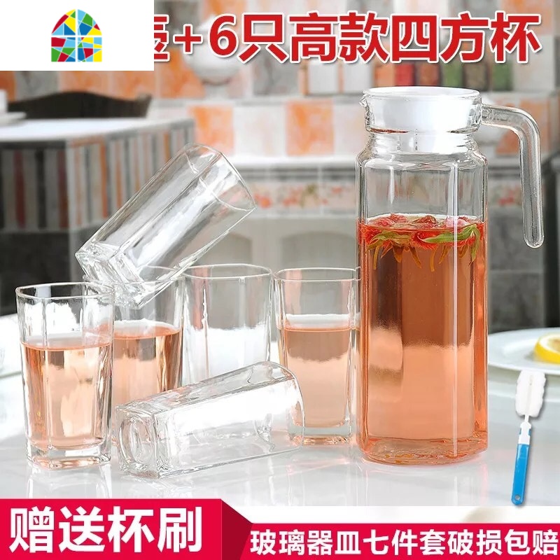 冷水壶水具套装玻璃扎壶啤酒壶耐热凉水壶大容量可高温水杯壶套装 FENGHOU 八角壶1个加四方杯6个高清大图
