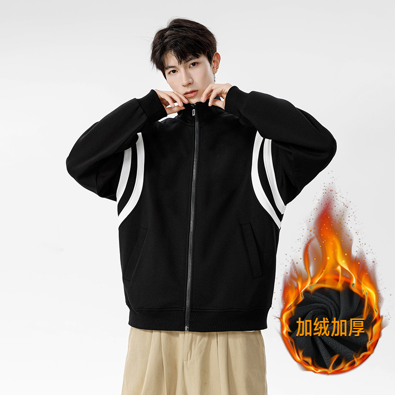 秋冬季新款加绒开衫卫衣男韩版潮牌拼接外套休闲运动拉链上衣
