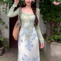 纯欲风蕾丝花边拼接碎花吊带连衣裙女春秋季新款修身收腰包臀裙子 XXL 单件外套