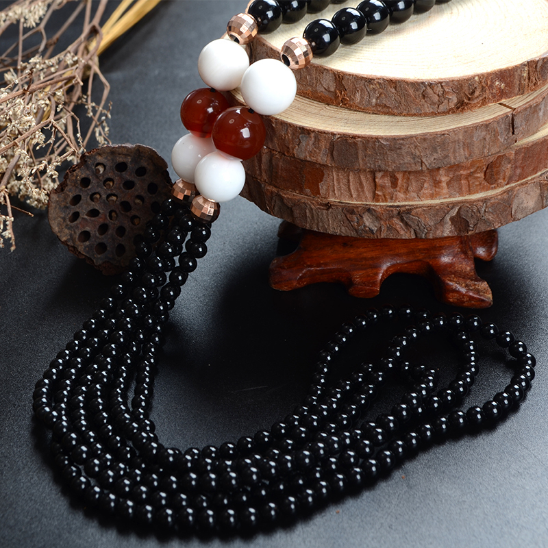 shecentury黑玛瑙项链毛衣链长款挂饰女款简约大气百搭饰品礼物