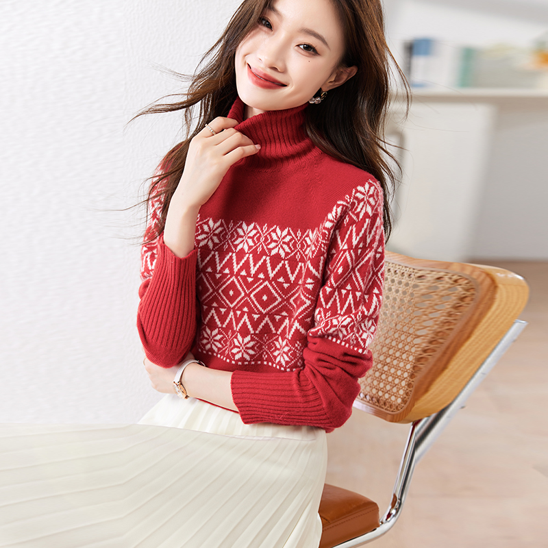免费试穿鄂尔多市羊绒衫女冬季中长款高领提花宽松韩版针织打底毛衣厚针织上衣服打底衫秋冬内搭 XL 大红