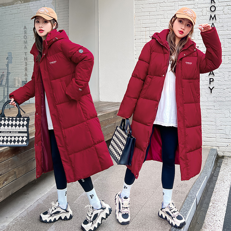 连帽羽绒棉衣女2023秋冬新款韩版大码宽松中长款百搭棉服棉袄外套 红色 S