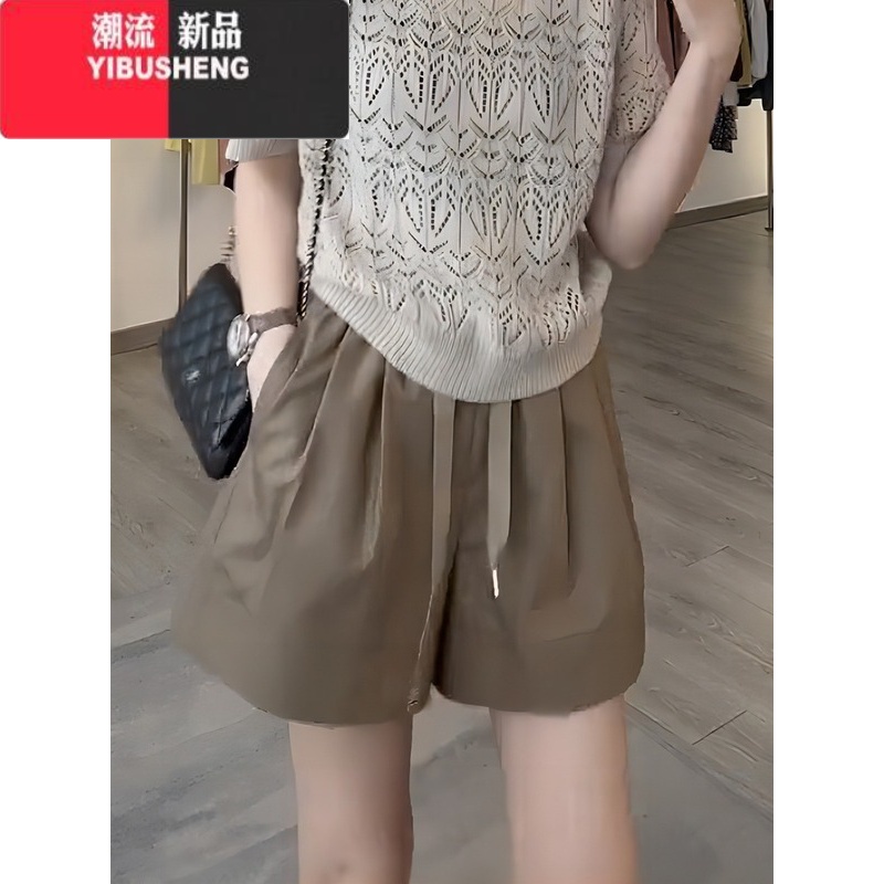 YIBUSHENG高腰运动短裤女季新款大码梨形身材显瘦系带休闲阔腿a字热裤 卡其色 XL120-140斤