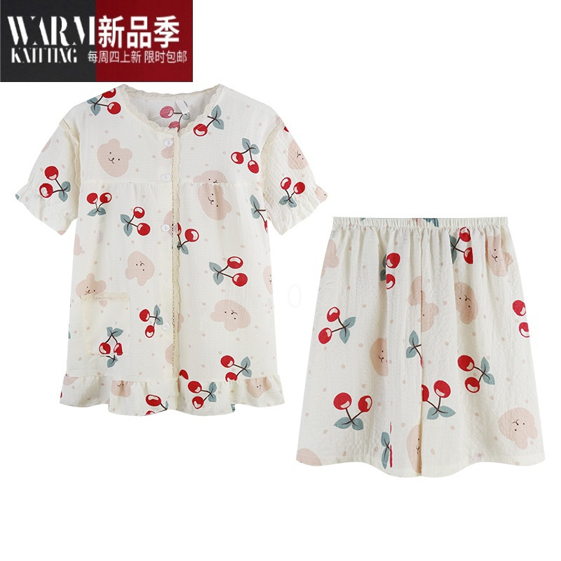 SHANCHAO睡衣套装女夏季新款可爱日系樱桃熊蕾丝拼接短袖短裤家居服套