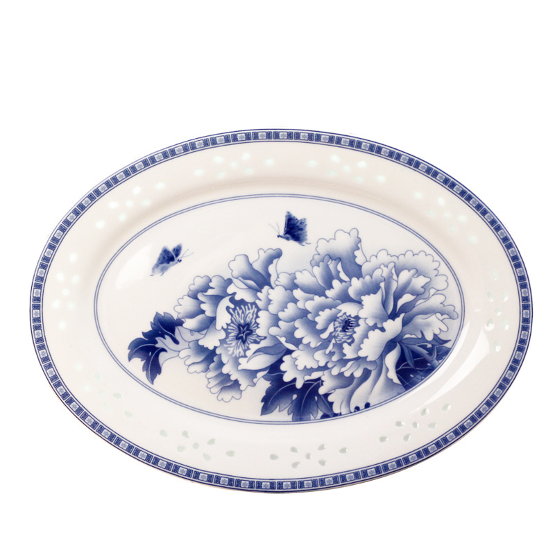 LICHEN 景德镇陶瓷大鱼盘青花玲珑瓷器釉中彩中式菜盘牡丹花餐具12英寸 优品