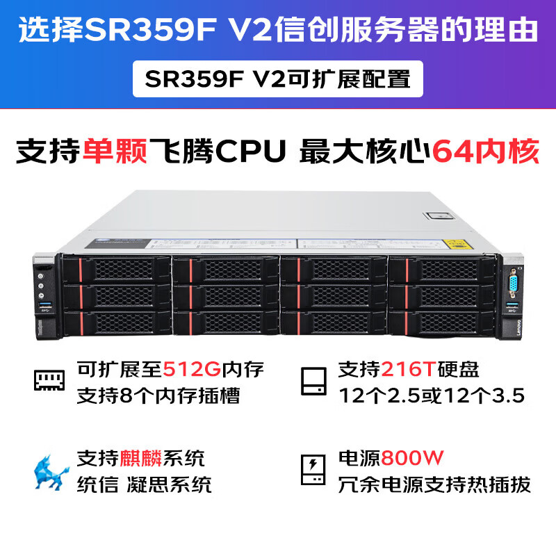 联想服务器SR359F V2FT2000+/64G/480GSSD系统盘+1T/2G缓存RAID卡麒麟V4国防版操作系统高清大图