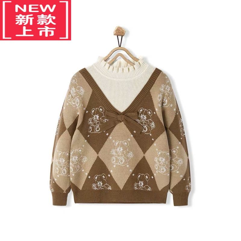 可莉允mini小鸟女童菱格小熊中领毛衣秋冬拼接假两件花边领毛衫图片